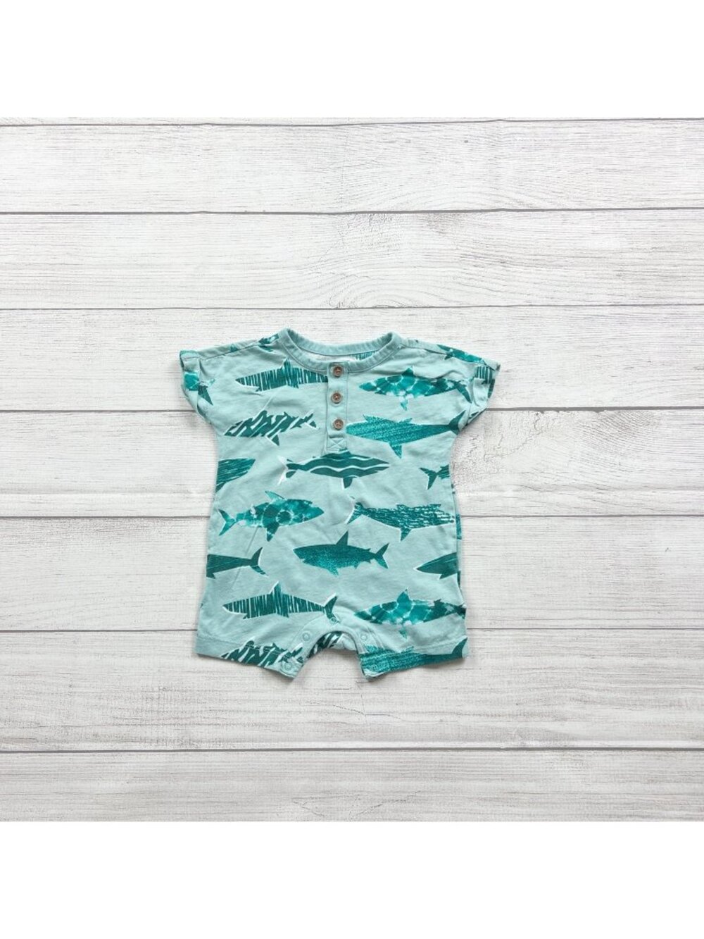 Old Navy Baby Shark Print Romper Short Sleeve Henley 3-6 Months